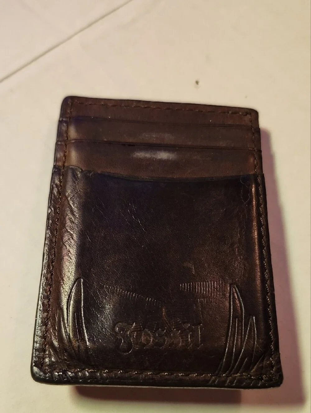Fossil Brown Leather Money Clip with Skull and Wing Emboss